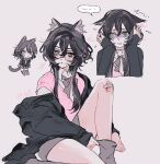  ... 1girl :< @_@ animal_ears ankle_socks bandaid bandaid_on_face bandaid_on_knee bandaid_on_leg black-framed_eyewear black_hair black_jacket black_shoes blood blush bow bowtie cat_ears cat_girl cat_tail chibi chibi_inset chinese_text collared_shirt covering_own_ears cowering crossed_bandaids crying crying_with_eyes_open degrees_of_lewdity double-parted_bangs dress_shirt fluffy_hair freesia_quan glasses grey_background grey_bow grey_bowtie grey_eyes grey_skirt grey_socks hair_between_eyes head_tilt heterochromia highres holding holding_sock holding_unworn_clothes injury jacket jacket_partially_removed loose_hair_strand miniskirt multicolored_hair multiple_views open_clothes open_jacket original parted_lips pink_eyes pink_streaks pink_sweater_vest player_character_(degrees_of_lewdity) player_character_(female)_(degrees_of_lewdity) pulling_own_clothes raised_inner_eyebrows scared school_uniform semi-rimless_eyewear shirt shoes simple_background simplified_chinese_text skirt sleeves_past_wrists socks spoken_ellipsis streaked_hair sweater_vest tail tears translation_request turn_pale under-rim_eyewear unworn_socks white_shirt wing_collar wolf_cut 