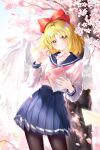  1girl absurdres alternate_costume angel_wings blonde_hair blue_sailor_collar blue_skirt blush book bow brown_pantyhose cherry_blossoms chinese_commentary closed_mouth collarbone commentary_request feathered_wings flower gengetsu_(touhou) highres holding holding_book holding_removed_eyewear long_sleeves looking_at_viewer neckerchief pantyhose paranoia495514 pink-framed_eyewear pink_flower pink_neckerchief pleated_skirt red_bow sailor_collar sailor_shirt school_uniform shirt skirt solo touhou touhou_(pc-98) tree unworn_eyewear white_shirt white_wings wings yellow_eyes 