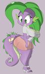  2017 ambiguous_gender anthro big_breasts big_butt breasts butt cleavage clothed clothing colored crossgender digital_media_(artwork) disembodied_hand dragon duo female footwear friendship_is_magic green_eyes hi_res high_heels huge_butt l-a-v looking_back midriff monochrome my_little_pony purple_yoshi_draws scalie shirt shoes shorts simple_background slit_pupils spike_(mlp) thick_thighs 