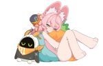  1girl ahoge animal_ear_fluff animal_ear_piercing animal_ears animal_feet barefoot closed_mouth commentary full_body furry furry_female highres hugging_object littlechim looking_at_viewer nude orange_eyes pink_hair rabbit_ears rabbit_girl simple_background sitting solo stuffed_carrot white_background zenless_zone_zero zhao_(zenless_zone_zero) 