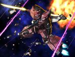  absurdres beam_naginata beam_rifle commentary_request debris energy_beam energy_gun explosion gelgoog_s_char_custom glowing glowing_eyes gun gundam highres holding holding_gun holding_weapon mecha mobile_suit mobile_suit_gundam nagi_(user_dwyh2252) no_humans one-eyed pink_eyes radio_antenna robot science_fiction shield shield_on_back solo space thrusters weapon 