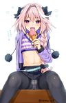  astolfo_(fate) blush braid bulge casual fate/apocrypha fate_(series) food hair_ribbon ice_cream ice_cream_cone long_hair looking_at_viewer male_focus midriff navel nemunemu_(candy_paddle) open_mouth otoko_no_ko panties pink_hair purple_eyes ribbon single_braid smile solo striped striped_panties tongue tongue_out underwear 