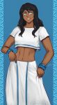  1girl alternate_costume avatar_legends black_hair bracelet crop_top dark-skinned_female dark_skin hair_down highres iahfy jewelry korra long_skirt looking_to_the_side midriff multiple_bracelets navel skirt smile solo the_legend_of_korra toned toned_female white_skirt 