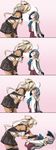  ahoge bare_shoulders black_footwear black_gloves black_skirt blush boots breasts budget_sarashi comic commentary_request dark_skin dated fainting food glasses gloves gradient grey_hair hands_on_thighs height_difference highres kantai_collection kiss kiyoshimo_(kantai_collection) large_breasts long_hair long_sleeves looking_at_another looking_down looking_up multiple_girls musashi_(kantai_collection) open_mouth pantyhose pleated_skirt pocky pocky_kiss purple_eyes purple_legwear purple_skirt sarashi shared_food shirt simple_background skirt tatsumi_ray thigh_boots thighhighs twintails twitter_username very_long_hair white_hair white_shirt yuri 