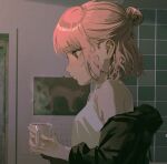  1girl bare_shoulders black_jacket breasts closed_mouth commentary cup door ear_piercing facing_to_the_side grey_eyes hair_bun hair_ornament hand_up heart highres holding holding_cup hood hood_down indoors jacket kyano_(kyanora3141) long_sleeves off_shoulder original piercing portrait_(object) red_hair short_hair sidelocks single_hair_bun small_breasts solo steaming_cup tank_top tile_wall tiles untranslatable_commentary upper_body white_tank_top 