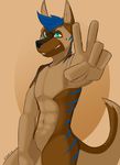  blue_hair canine cute dog german_shepherd hair kida_howlette long_tail looking_at_viewer male mammal muscular peace_sign_(disambiguation) simple_background smile teal_eyes tiger_stripes 