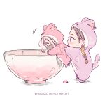  2boys aged_down alternate_costume animal_costume animal_hood blonde_hair blush brown_hair cat_costume cat_hood cat_tail child commentary_request cosplay cup earrings eyelashes haitani_ran highres hood hood_up hooded_pajamas jewelry kigurumi long_hair long_sleeves looking_at_another male_focus multicolored_hair multiple_boys niko20223 onesie pajamas pink_pajamas purple_eyes purple_pajamas sanzu_haruchiyo simple_background streaked_hair tail tokyo_revengers two-tone_hair 