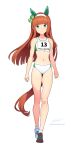  1girl animal_ears asymmetrical_footwear bare_shoulders blue_eyes blunt_bangs blush breasts buruma collarbone commentary ear_covers english_commentary full_body green_eyes hairband hime_cut horse_ears horse_girl horse_tail long_hair looking_at_viewer midriff mismatched_footwear navel orange_hair orange_tail race_bib revenantart shoes silence_suzuka_(umamusume) simple_background small_breasts smile socks solo sports_bikini sports_bra tail track_uniform umamusume white_background white_buruma white_hairband white_socks white_sports_bra 