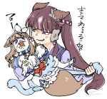  1girl almond_eye_(the_changer)_(umamusume) almond_eye_(umamusume) anger_vein animal animal_ears animalization blue_eyes blunt_bangs bow bow_hairband brown_hair clothed_animal colored_inner_hair commentary_request ear_covers hair_between_eyes hair_ornament hairband highres horse_ears horse_girl long_hair long_sleeves lucky_lilac_(umamusume) multicolored_hair open_mouth purple_eyes purple_sailor_collar purple_shirt recursive_animalization sailor_collar sailor_shirt school_uniform sharp_teeth shirt side_ponytail tail takatsuki_nato teeth tracen_school_uniform umamusume white_hairband 