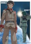  2boys absurdres aeug astronaut belt black_hair blue_eyes brown_eyes earth_(planet) earth_federation_space_forces gundam gundam_0083 hashtag-only_commentary helmet highres holding holding_unworn_helmet k_katora kamille_bidan kou_uraki looking_at_another mecha_pilot_suit military_uniform multiple_boys normal_suit_(gundam) planet space space_helmet sun unworn_headwear unworn_helmet zeta_gundam 