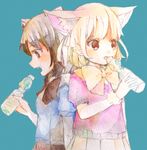  :o animal_ears aqua_background arm_at_side black_hair black_ribbon black_skirt blonde_hair blue_shirt bottle brown_eyes brown_hair common_raccoon_(kemono_friends) dot_nose drink drinking extra_ears eyebrows_visible_through_hair eyelashes fang fennec_(kemono_friends) fingernails fox_ears from_side fur_collar fur_trim grey_hair highres holding holding_bottle kemono_friends looking_away looking_down mixed_media multicolored_hair multiple_girls nauka neck_ribbon no_gloves open_mouth pink_sweater pleated_skirt profile puffy_short_sleeves puffy_sleeves raccoon_ears ramune ribbon shirt short_hair short_sleeve_sweater short_sleeves simple_background skirt sparkling_eyes star star-shaped_pupils sweater symbol-shaped_pupils traditional_media tsurime upper_body white_hair yellow_ribbon yellow_skirt 