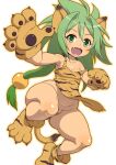  1girl :d animal_ears animal_hands animal_print bare_shoulders breasts cham_cham cleavage collarbone commentary_request dress fang gloves green_eyes green_hair hair_between_eyes hair_bobbles hair_intakes hair_ornament legs_apart long_hair looking_at_viewer no_panties oomaeda open_mouth paw_gloves paw_shoes print_dress pussy samurai_spirits shoes sidelocks simple_background sleeveless sleeveless_dress small_breasts smile solo strap_slip tail tiger_ears tiger_girl tiger_print very_long_hair white_background wide_hips yellow_gloves yellow_shoes 