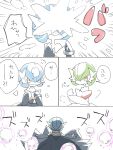  absurdres alternate_color black_dress black_gloves blue_hair bob_cut commentary_request dress elbow_gloves gardevoir gloves highres hime_takeo mega_gardevoir mega_pokemon orange_eyes pink_eyes pokemon pokemon_(creature) shiny_pokemon snowball snowball_fight speech_bubble telekinesis translation_request white_dress white_gloves 