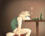  2012 alcohol anthro beverage black_nose blue_eyes bottle canine clothed clothing cyndi cyndi_(character) depression digital_media_(artwork) drunk female fur hair hi_res mammal simple_background sitting solo table white_fur white_hair wolf 
