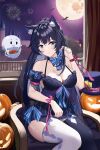  1girl aerial_fireworks animal_ears bare_shoulders black_dress black_thighhighs breasts castle cat_ears chinese_commentary cleavage commentary_request corderoy couch detached_sleeves dress fireworks full_moon ghost highres honkai_(series) honkai_gakuen kemonomimi_mode large_breasts long_hair looking_at_viewer mismatched_thighhighs moon night on_couch pumpkin purple_eyes purple_hair raiden_mei sitting smile solo thighhighs thighs very_long_hair white_thighhighs 