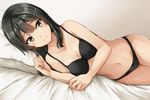  bed_sheet black_bra black_hair black_panties bra breasts brown_eyes collarbone hair_between_eyes hair_ornament hairclip kamelie kantai_collection long_hair lying on_side oyashio_(kantai_collection) panties pillow small_breasts smile solo underwear underwear_only 