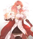  bare_shoulders breasts cape celica_(fire_emblem) cleavage earrings fingerless_gloves fire fire_emblem fire_emblem_echoes:_mou_hitori_no_eiyuuou gloves hairband iriya_(lonesome) jewelry medium_breasts open_mouth red_cape red_eyes red_hair skirt smile thighhighs zettai_ryouiki 