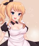  :d apron arms_at_sides bangs beige_background black_dress black_ribbon blonde_hair blue_eyes blush breasts cleavage collarbone commentary_request detached_collar dress eyebrows_visible_through_hair eyelashes hair_ribbon heart highres idolmaster idolmaster_cinderella_girls kmmsakr11 lace lace_trim long_hair looking_at_viewer medium_breasts ootsuki_yui open_mouth ponytail puffy_short_sleeves puffy_sleeves ribbon round_teeth short_sleeves sidelocks simple_background smile solo teeth upper_body waitress wavy_hair white_apron 