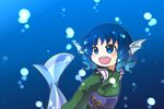  blue_eyes blue_hair commentary_request drill_hair green_kimono happy head_fins japanese_clothes kimono mermaid monster_girl obi open_mouth sash smile solo tomato_chip touhou underwater wakasagihime 