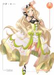  1girl arm_up armpits blonde_hair bow breasts butterfly_hair_ornament celine_(fire_emblem) crazzeffect cross-laced_clothes cross-laced_dress dress dress_bow fire_emblem fire_emblem_engage green_eyes hair_ornament highres leg_up long_hair orange_bow princess small_breasts solo thighs very_long_hair white_background wrist_bow yellow_dress 