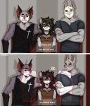 2026 5_fingers anthro bat biped blue_eyes blush bottomwear breasts brown_hair claws clothed clothed_anthro clothed_female clothed_male clothing crossed_arms digital_drawing_(artwork) digital_media_(artwork) ear_piercing eyewear female finger_claws fingers front_view fully_clothed fully_clothed_anthro fully_clothed_female fully_clothed_male fur gauged_ear glasses group hair heterochromia hi_res hyena inside lagomorph leporid looking_at_viewer male mammal piercing purple_body purple_fur rabbit red_eyes sitting smile spuydjeks spuydjeks_(character) teeth topwear trio white_body white_fur yellow_eyes