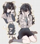  1girl :< animal animal_ears animalization apron bandaged_fingers bandaged_wrist bandages bandaid bandaid_on_cheek bandaid_on_face bandaid_on_finger bandaid_on_hand black_hair black_skirt blue_bow blue_bowtie blush bow bowtie breath brown_shoes cat cat_ears cat_girl cat_tail chibi chibi_inset collared_shirt crying crying_with_eyes_open degrees_of_lewdity double-parted_bangs dress_shirt freesia_quan green_eyes grey_background grey_socks grid_background hair_between_eyes hair_ornament hair_over_one_eye hair_scrunchie hands_on_own_cheeks hands_on_own_face head_tilt high-waist_skirt highres holding holding_animal holding_cat kneehighs kylar_(degrees_of_lewdity) kylar_(female)_(degrees_of_lewdity) loafers long_hair long_sleeves looking_ahead looking_at_viewer loose_bowtie loose_hair_strand maid maid_apron messy_hair miniskirt multiple_views open_collar open_mouth outline pale_skin person_and_animalization player_character_(degrees_of_lewdity) player_character_(female)_(degrees_of_lewdity) pleated_skirt raised_inner_eyebrows red_pupils ringed_eyes rubbing_eyes school_uniform scrunchie shirt shirt_tucked_in shoes simple_background sitting skirt socks tail tears twintails wariza white_apron white_scrunchie white_shirt wing_collar yellow_outline 