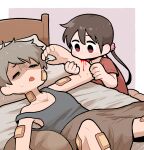  1boy 1girl bandaid bandaid_on_arm bandaid_on_cheek bandaid_on_face bandaid_on_leg bandaid_on_neck black_hair blanket blood blood_sucking blush border child grey_hair grey_tank_top hair_ornament hair_scrunchie highres lying no_nose on_back on_bed open_mouth original outside_border pillow red_shirt scrunchie shirt sweatdrop takurada tank_top twintails vampire white_border yurie_mouth 