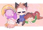  3boys :3 ^_^ animal_ears artist_name black_pants black_socks blue_hoodie blush brown_hair brown_pants cat_boy cat_ears cat_tail chibi chibi_only closed_eyes commentary dated_commentary doodle_inset drawstring edd_(eddsworld) eddsworld extra_ears fangs feral_instincts flipped_hair full_body green_hoodie grey_pants gyuuum_planet99 happy hollow_eyes hood hood_down hoodie jitome kemonomimi_mode letterboxed long_sleeves looking_at_viewer male_focus matt_(eddsworld) multiple_boys no_shoes nyan orange_hair outline pants polka_dot polka_dot_background purple_hoodie purple_socks scene_reference sitting sleeping socks spiked_hair tail tom_(eddsworld) tongue tongue_out u_u untranslatable_commentary upside-down white_outline white_socks yarn yarn_ball 