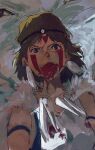  1girl armlet blood blood_on_face circle close-up commentary_request facial_mark imamuu_(imamoon) jewelry looking_at_viewer mononoke_hime moro_(mononoke_hime) san_(mononoke_hime) shirt short_hair upper_body white_shirt 