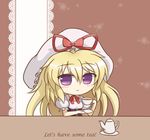  bangs blonde_hair blush chibi choker commentary_request corset cup dress english hair_between_eyes hat holding holding_cup kashimu long_hair looking_at_viewer mob_cap patterned_background puffy_short_sleeves puffy_sleeves ribbon_choker saucer short_sleeves sitting smile solo teacup teapot touhou upper_body white_dress yakumo_yukari 
