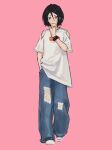  1girl :3 absurdres black_hair bleach blush chinese_commentary closed_mouth commentary denim full_body hair_between_eyes hand_in_pocket highres ihsekodwww jeans kuchiki_rukia pants pink_background shirt shoes short_hair simple_background solo standing torn_clothes torn_jeans torn_pants torn_shirt v white_shirt wristband 
