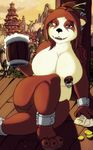  anthro areola bear beverage big_breasts breasts card claws coin cup day detailed_background digital_media_(artwork) ear_piercing erect_nipples eyebrow_piercing facial_piercing female fur hair heterocromia holding_object jewelry looking_at_viewer mammal nipple_piercing nipples nude pandaren piercing rohgen_(artist) shackles sitting smile solo teeth video_games warcraft 