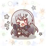  >_o 1girl ;d black_gloves black_jacket black_skirt black_thighhighs blush_stickers chibi commentary_request fang gloves gradient_hair grey_hair highres hitotose_tanteidan holding holding_megaphone jacket kannagi_tenri long_hair long_sleeves megaphone mitarashi_neko multicolored_hair notice_lines one_eye_closed outstretched_arm pleated_skirt pointing puffy_long_sleeves puffy_sleeves red_eyes shoes skirt smile solo standing star_(symbol) thighhighs very_long_hair virtual_youtuber white_background white_shoes 