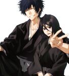 1boy 1girl arm_around_shoulder black_hakama black_kimono bleach blush chinese_commentary closed_eyes closed_mouth collarbone commentary grin hair_between_eyes hakama highres ihsekodwww japanese_clothes kimono kuchiki_rukia looking_at_viewer open_mouth purple_eyes sash shiba_kaien shihakusho short_hair simple_background sitting smile v waist_sash white_background 