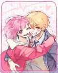  1boy 1girl blonde_hair cheek-to-cheek clenched_teeth collared_shirt commentary_request diagonal-striped_clothes diagonal-striped_necktie fingernails heads_together heart hetero highres jacket kamiyama_high_school_uniform_(project_sekai) korean_commentary long_sleeves looking_at_viewer miyamasuzaka_girls'_academy_school_uniform multicolored_necktie neckerchief necktie one_eye_closed ootori_emu open_mouth orange_eyes pink_eyes pink_hair pink_jacket project_sekai red_neckerchief school_uniform shirt short_hair smile striped_clothes teeth tejava5353 tenma_tsukasa upper_body wing_collar 