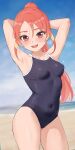 1girl absurdres amayo_thranana armpits arms_behind_head beach blue_one-piece_swimsuit blue_sky blush breasts commentary_request competition_school_swimsuit covered_navel cowboy_shot day hair_between_eyes highres inazuma_eleven_(series) inazuma_eleven_victory_road long_hair looking_at_viewer medium_breasts one-piece_swimsuit open_mouth orange_eyes orange_hair outdoors paid_reward_available ponytail school_swimsuit shinohara_raika sky smile solo standing swimsuit very_long_hair water_drop wet wet_clothes wet_swimsuit 