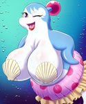  big_breasts bomberman_jetters breasts busty_feral cetacean dolphin dolphin_bomber eyelashes female feral gotobeido hi_res huge_breasts lipstick looking_at_viewer makeup mammal marine one_eye_closed open_mouth seashell solo wink 