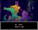  alley alligator anthro blonde_hair bratty_(undertale) cat catty_(undertale) clothed clothing crocodilian dialogue duo english_text feline female fur hair hennafaunway long_nails looking_at_viewer mammal pink_eyes purple_fur realistic reptile scalie sharp_teeth smile teeth text tongue tongue_out undertale video_games yellow_eyes 