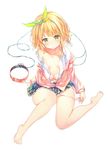  :o bangs barefoot blazer blonde_hair blush bow bow_bra bra bra_pull breasts collar collarbone commentary_request eyebrows_visible_through_hair full_body green_bow green_eyes green_skirt hair_bow half-closed_eyes jacket kawaikereba_hentai_demo_suki_ni_natte_kuremasu_ka? koga_yuika leash looking_at_viewer open_blazer open_clothes open_jacket open_shirt panties panty_pull parted_lips pink_bra pink_panties plaid plaid_skirt school_uniform shirt short_hair sitting skirt small_breasts solo sune_(mugendai) thighs underwear undressing wavy_hair white_background 