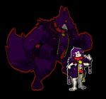  anthro barefoot bottomless breasts canine chain cleavage clothed clothing collar dual_persona featureless_crotch female fur growling hair human jacket mammal mangneto muscular muscular_female purple_fur purple_hair red_sclera sharp_teeth smile smirk solo teeth were werewolf wolf 