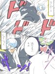  absurdres black_dress black_gloves blue_hair bob_cut colored_skin commentary_request dress elbow_gloves gardevoir gloves green_hair highres hime_takeo mega_gardevoir mega_pokemon orange_eyes pink_eyes pokemon pokemon_(creature) snowball snowball_fight speech_bubble translation_request white_dress white_gloves white_skin 