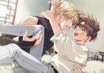  2boys belt blonde_hair blurry blurry_background bridal_gauntlets brown_hair commentary_request eye_contact forehead_protector genjou_sanzou highres holding_another's_leg indoors k_(gear_labo) looking_at_another male_focus multiple_boys one_eye_closed open_mouth pants profile saiyuki short_hair sitting sitting_on_lap sitting_on_person sleeveless sleeveless_turtleneck smile son_goku_(saiyuki) teeth turtleneck upper_teeth_only yaoi 