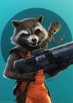  armor disney groot guardians_of_the_galaxy gun mammal marvel plant raccoon ranged_weapon rocket_raccoon weapon yinyuming 