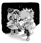  2boys animal_ears bakugou_katsuki boku_no_hero_academia bush chibi fake_animal_ears freckles full_body fur-trimmed_jacket fur_trim ghost_costume greyscale halloween_costume hat highres holding hood hood_up jacket male_focus midoriya_izuku monochrome multiple_boys open_clothes open_jacket open_mouth pants shoes smile standing tail witch_hat wolf_ears wolf_tail yeol2510 