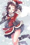  2016 ;o adapted_costume arm_up belt black_footwear black_gloves black_neckwear black_skirt blush bobblehat boots brown_eyes brown_hair carrying dated elbow_gloves fur-trimmed_boots fur-trimmed_sleeves fur_trim gloves hair_bun hat highres jumping kantai_collection knee_boots koruri looking_at_viewer machinery miniskirt motion_blur naka_(kantai_collection) necktie one_eye_closed open_mouth over_shoulder pleated_skirt red_hat red_shirt sack santa_costume santa_hat shirt short_sleeves signature skirt snowing solo tareme translation_request 