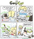  &gt;_&lt; animalization bathing blonde_hair cat cat_focus closed_eyes comic english genji_(overwatch) mercy_(overwatch) overwatch pigeoneer_jane ponytail truth wet 