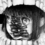 1girl abstract bow corset_piercing covered_mouth greyscale gums hair_flowing_over highres kansouki lazy_eye monochrome original portrait solo teeth 