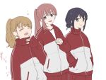  3girls alternate_hairstyle ayatsumugi_roka blue_eyes brown_hair cho_kaguya-hime! green_eyes hands_in_pockets highres ini_yoy isayama_mami long_hair long_sleeves looking_at_another mole mole_under_eye multiple_girls open_mouth pink_hair ponytail sakayori_iroha smile track_suit upper_body white_background yawning 