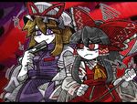  2girls ascot bangs black_hair blonde_hair blunt_bangs blush_stickers bow dress eyebrows_visible_through_hair fan folding_fan frilled_hat frilled_shirt_collar frills frown gap hair_between_eyes hair_tubes hakurei_reimu hat hat_ribbon line_shading long_hair looking_at_another looking_back mob_cap multiple_girls puffy_sleeves purple_eyes red_bow red_eyes red_ribbon red_shirt red_skirt ribbon shirt sidelocks skirt skirt_set smile suenari_(peace) tabard touhou white_dress white_hat white_skin wide_sleeves yakumo_yukari yellow_neckwear 