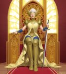 1girl armor armored_boots blonde_hair blue_eyes blurry blurry_background boots commentary dress english_commentary freyja_(marvel) frigga_(marvel) gold_armor gold_boots holding holding_sword holding_weapon looking_at_viewer marvel marvel_snap mature_female official_art parted_lips planted planted_sword short_hair signature sitting sitting_on_throne solo sword thor_(marvel)_(series) weapon window winged_headwear yellow_dress yoon_junggeun 